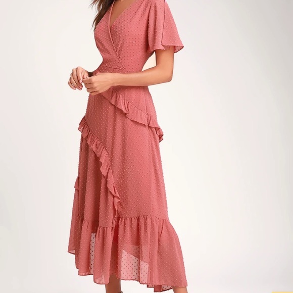 Next to You Rusty Rose Swiss Dot Ruffled Midi Dress - Picture 2 of 13